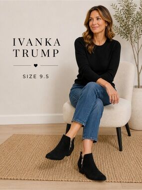 Ivanka Trump Black Suede Ankle Boots with Silver Zipper Women's Size 9.5